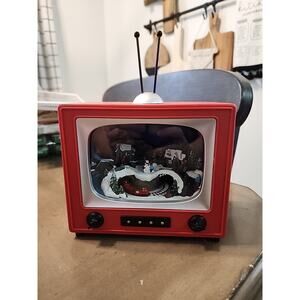 Red Retro TV with Snowy Village & Moving Train Lights Up Plays Christmas Music